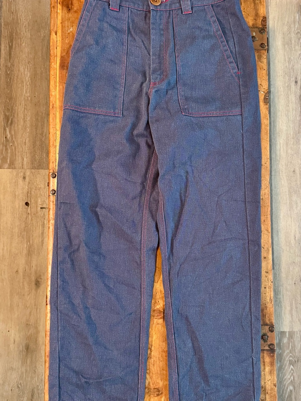 Beaton Linen Blue Wide Leg Jeans with Pink Topstitching